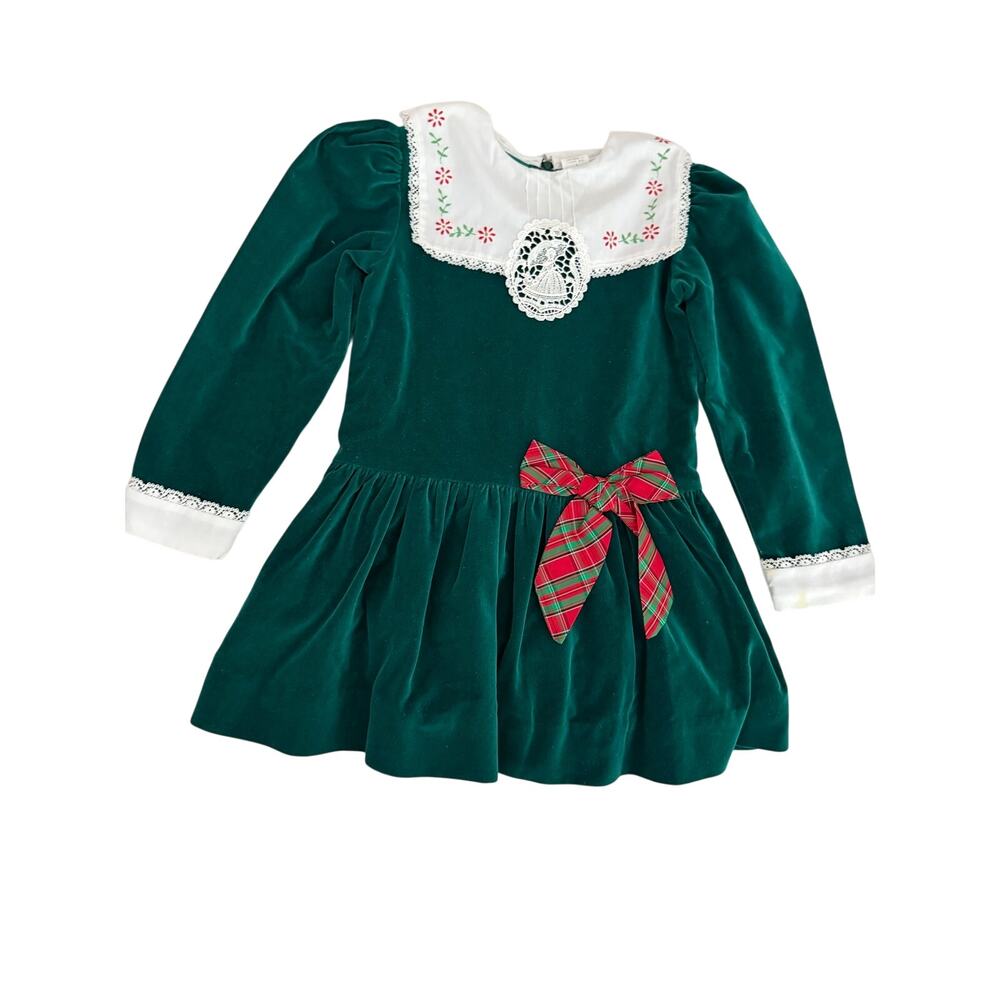 Vintage Girls Green Velour Christmas Dress Angel Lace Plaid Bow Size 5